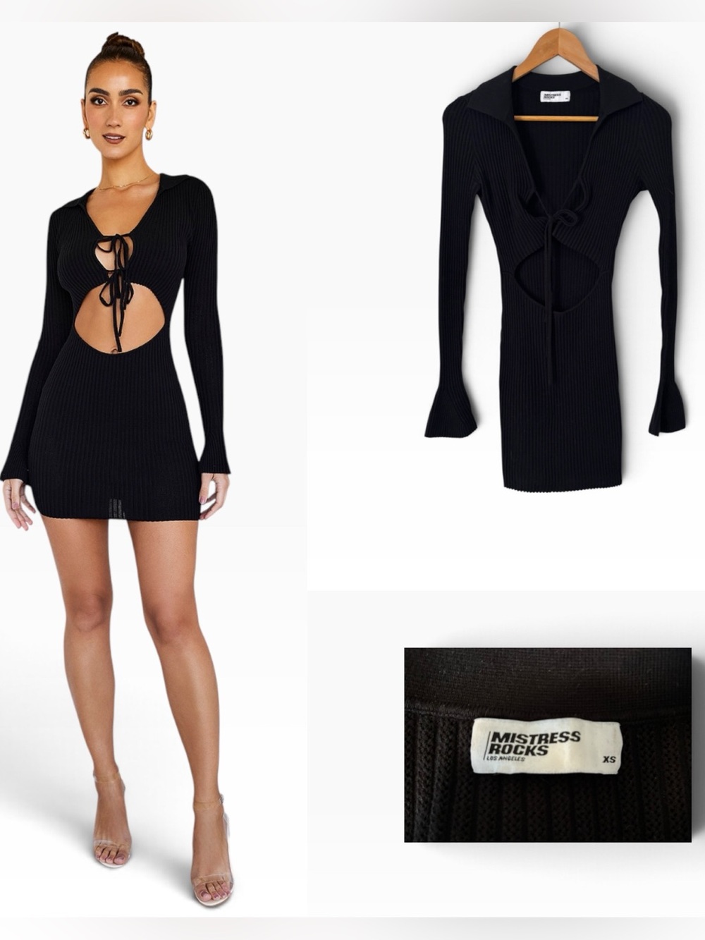 Mistress Rocks Clemency Black Ribbed Cutout Knit Mini Dress - Size XS